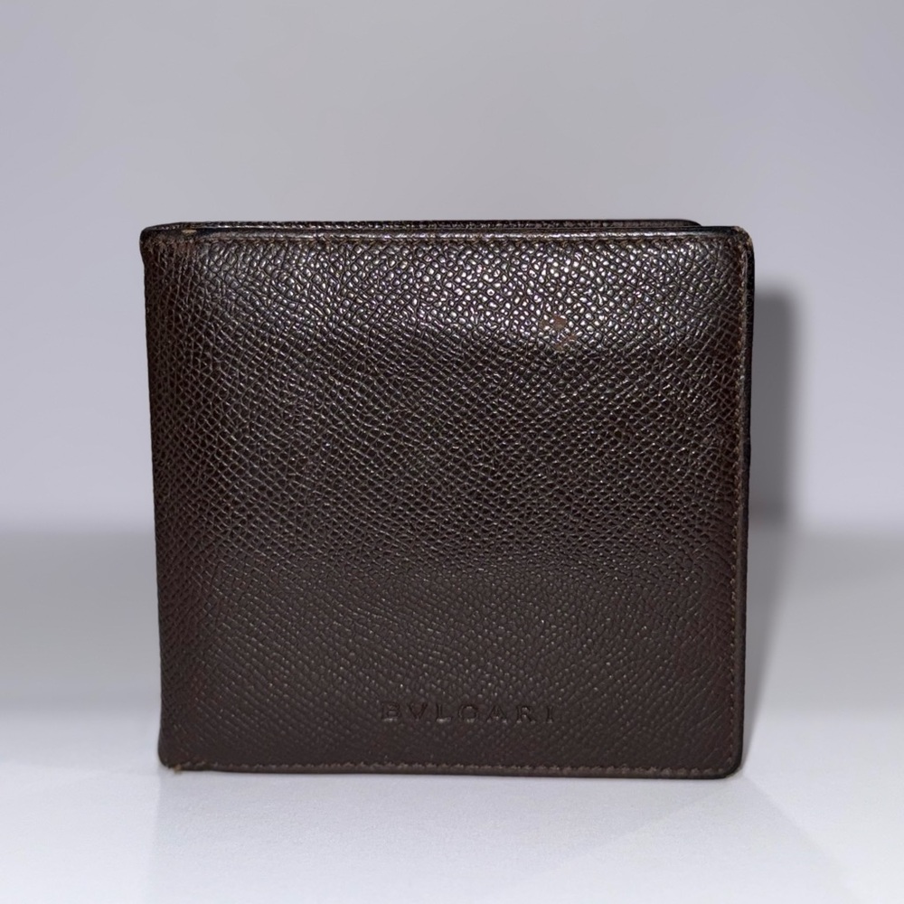 BVLGARI Brown Leather Bi Fold Wallet With Money Clip